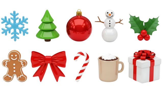 christmas icons including tree snowman and gifts on white background transparent background - Powered by Adobe
