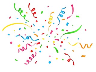 Explosion of colorful confetti and streamers on a white background for celebration
