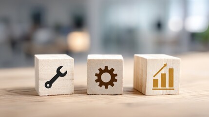 Wooden blocks with tool, gear, and growth chart symbols on wood table