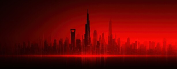 Dark cityscape silhouette featuring towering modern skyscrapers illuminated by intense glowing red digital light, chinese new year