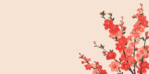 Vibrant red and pink blossoms on flowering branches illustrated on a soft peach background with wide copy space, chinese new year