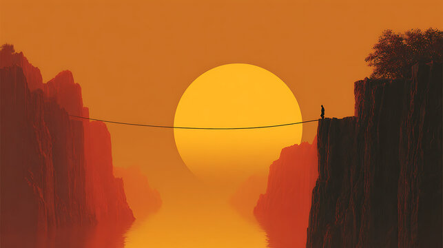 A tightrope walker balancing over a canyon, a golden sunrise in the background.