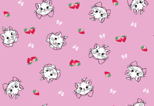 Cute cat and strawberry seamless pattern illustration
