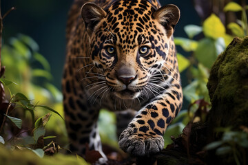 Obraz premium Close Up Portrait Of A Jaguar Walking In Lush Green Forest With Detailed Fur Texture And Focused Eyes