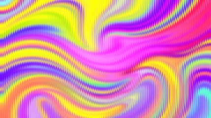 A vibrant, swirling abstract pattern featuring a spectrum of rainbow colors with a distorted striped texture, creating a dynamic visual effect.