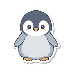 Obraz premium Adorable fluffy baby penguin cartoon sticker illustration.