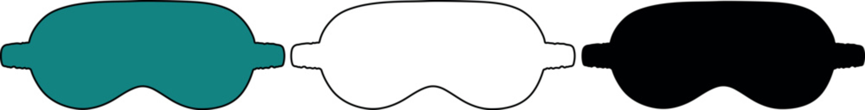 Sleeping Eye Mask Icons Set for Travel Comfort Featuring Teal, Outline, and Silhouette Versions for Relaxation Branding