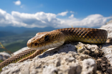Obraz premium Close-Up View Of A Snake On Rocky Surface Against Cloudy Sky and Mountain Landscape