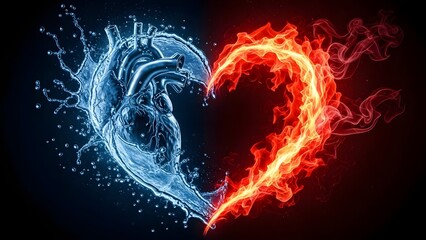Naklejka premium Abstract heart composed of water and fire elements. Opposites in harmony and emotional balance concept. Liquid water and burning flames forming a human heart shape on black background
