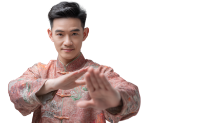 Chinese New Year greeting gesture by Asian man in traditional outfit celebrating lunar festival with cultural respect festive happiness holiday tradit