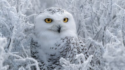 Majestic snowy owl with striking yellow eyes gazes intensely from within dense winter foliage heavily coated in crystalline frost during a cold arctic morning