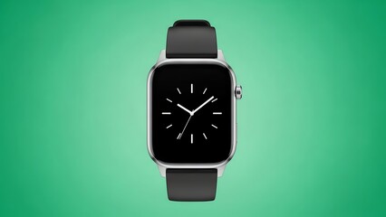 Close-up of a smartwatch with a black face and gray band on a green gradient background, showcasing its sleek design and modern aesthetic.
