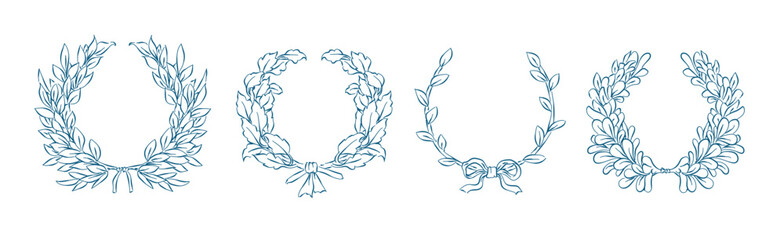Set of laurels wreath frames branches in hand-drawn style, Whimsical drawing wreaths and branches with leaves, element for invitations, greeting cards, scrapbooking, sticker, decorative etc.