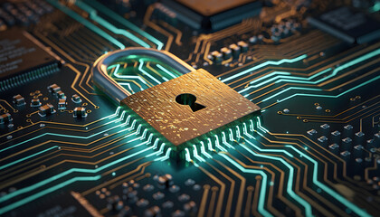 Close-up of a gold padlock on a circuit board with glowing blue lines, representing cybersecurity and data protection.