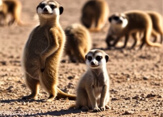 Obraz premium Frame a meerkat pup being guarded by an adult while others forag