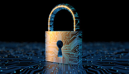 Close-up of a glowing gold padlock with circuit board pattern on a dark background with blue neon lights and lines.