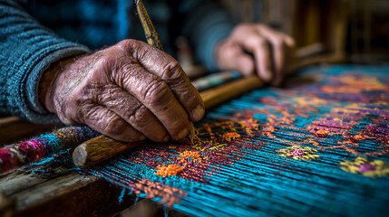 A master weaver creating an intricate, colorful tapestry on a traditional loom. (2)