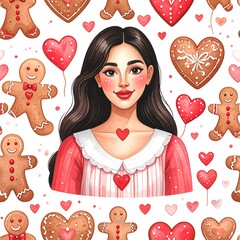 Portrait of woman surrounded by hearts and gingerbread