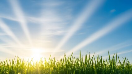 Fototapeta premium Bright sun rays shining over green grass field. New beginnings and hope concept. Sun rising over a lush lawn with blue sky and dramatic light beams