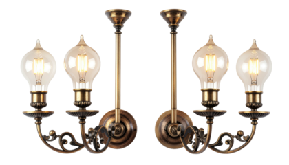 Two ornate sconces, each with two glowing bulbs