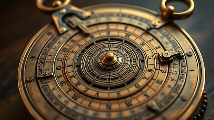 astrolabe. Ancient brass astrolabe with engraved circular scales, historical scientific instrument in warm studio lighting. STEM education sheets.