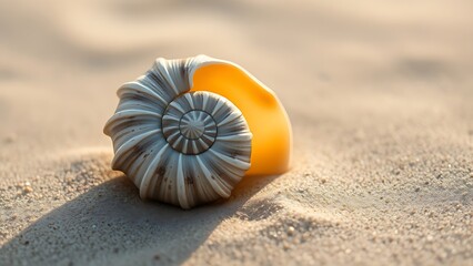 calcified. A spiral seashell on smooth sand, intricate textures visible in soft morning light. gardening catalogs, home-decor guides, designed for home decor and floral branding.