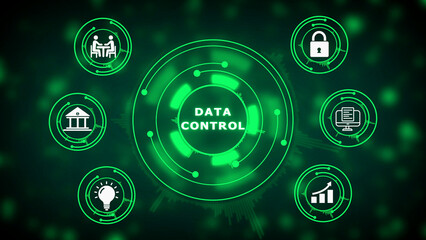 Green digital network illustrating data control with interconnected for finance collaboration innovation and security on a dark bokeh background Keywords: data control network technology digital
