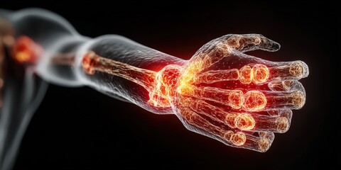 Detailed medical illustration of human hand with focus on fingers, anatomy, joints, bones, muscles, skin, and medical health concepts for healthcare professionals and education