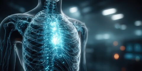 Detailed digital illustration of human anatomy focusing on the chest and skeletal system with advanced medical visualization for healthcare and science professionals