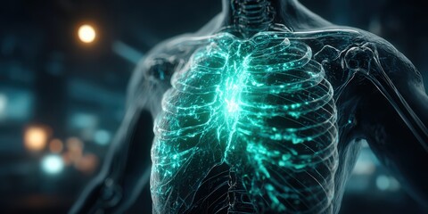 Futuristic digital illustration of human anatomy highlighting skeletal system, thorax, rib cage, spine, internal organs, and medical visualization for healthcare and science