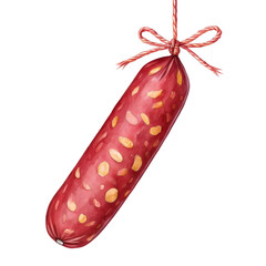 Watercolor Salami Sausage with Red String isolated on a transparent background