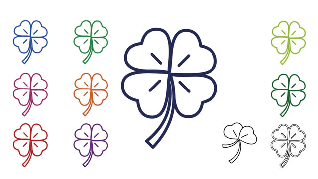 A collection of colorful four-leaf clover icons, symbolizing luck and good fortune, presented on a white background.