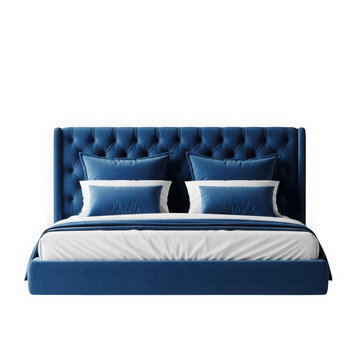 Modern blue bed with tufted headboard isolated on transparent background