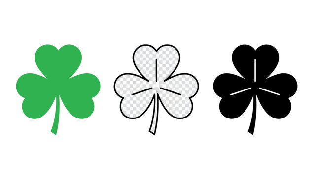 Three shamrock icons in different styles: solid green, outline with transparent fill, and solid black.