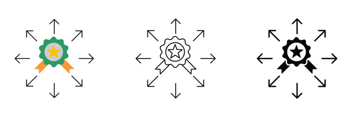 Award-winning star badge icon with outward radiating arrows symbolizing excellence, quality achievement, and widespread recognition or impact in business and success