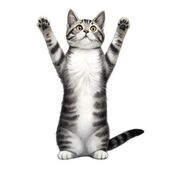 Watercolor Tabby cat with paws raised isolated on a transparent background