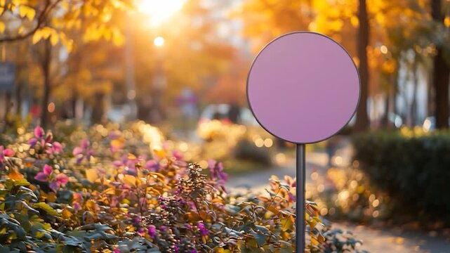 Blank Sign in Autumn Park - Golden Sunlight and Floral Beauty.