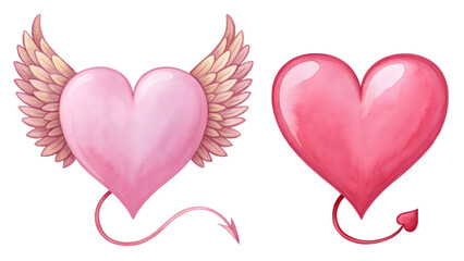 Watercolor Two Pink Hearts with Wings and Tail isolated on a transparent background