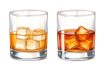 Watercolor Two glasses of amber liquor with ice isolated on a transparent background
