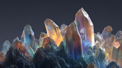 Abstract colorful crystal formation with rising peaks and vibrant colors against a dark background, multicolored crystal structure