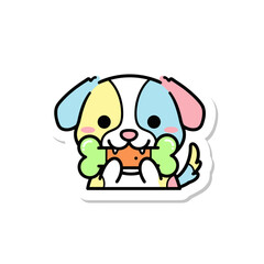 Obraz premium Cute Cartoon Puppy Dog Chewing Bone Sticker.
