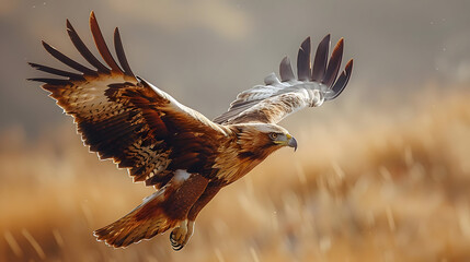 Obraz premium Soaring Eagle in Flight Against a Sunlit Background with Open Wings and Detailed Feathers
