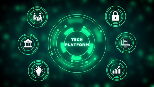 Tech platform concept with central green circular interface and surrounding for business finance security innovation and collaboration on a dark digital background with bokeh Keywords: technology
