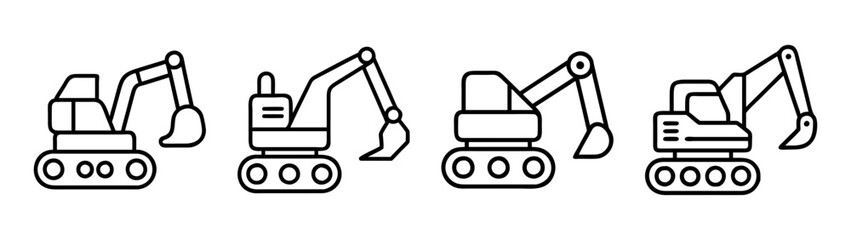 Fototapeta premium Collection of four minimalist excavator outline icons for construction projects