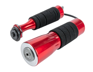 Shiny red grip strength trainers with black cushioned handles
