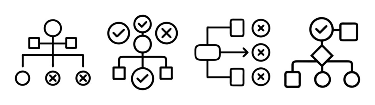 A collection of flowchart and organizational structure icons with pass-fail indicators