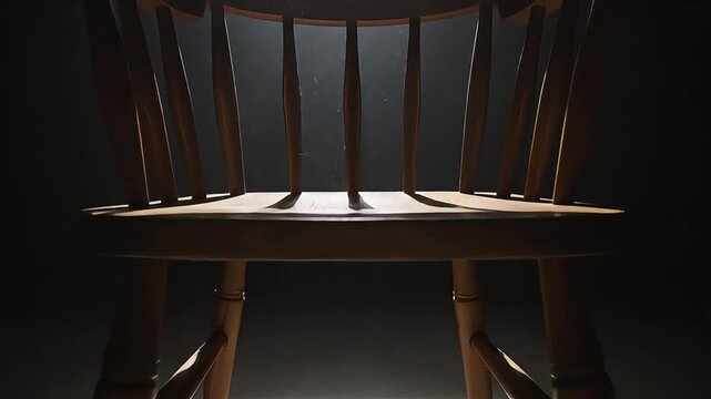 An empty classic wooden chair illuminated by a dramatic spotlight in a dark, mysterious room, conveying concepts of waiting, absence, and isolation for film, drama, or conceptual advertising.