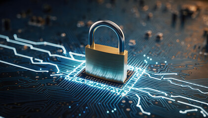 Close-up of a padlock on a circuit board with glowing blue lines, conveying a secure and technological mood with a dark background.