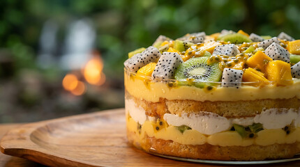 Vibrant tropical trifle layered with creamy filling and topped with fresh exotic fruits like mango, kiwi, and passion fruit, served on a rustic wooden plate, perfect for summer celebrations