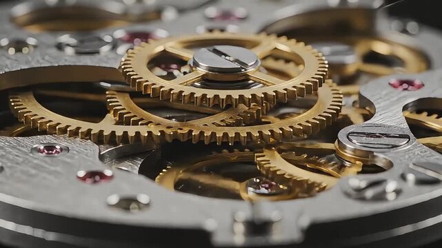 Macro shot of intricate golden clockwork gears and ruby jewels moving within a detailed watch mechanism, ideal for themes of precision engineering, time, luxury, and technology.